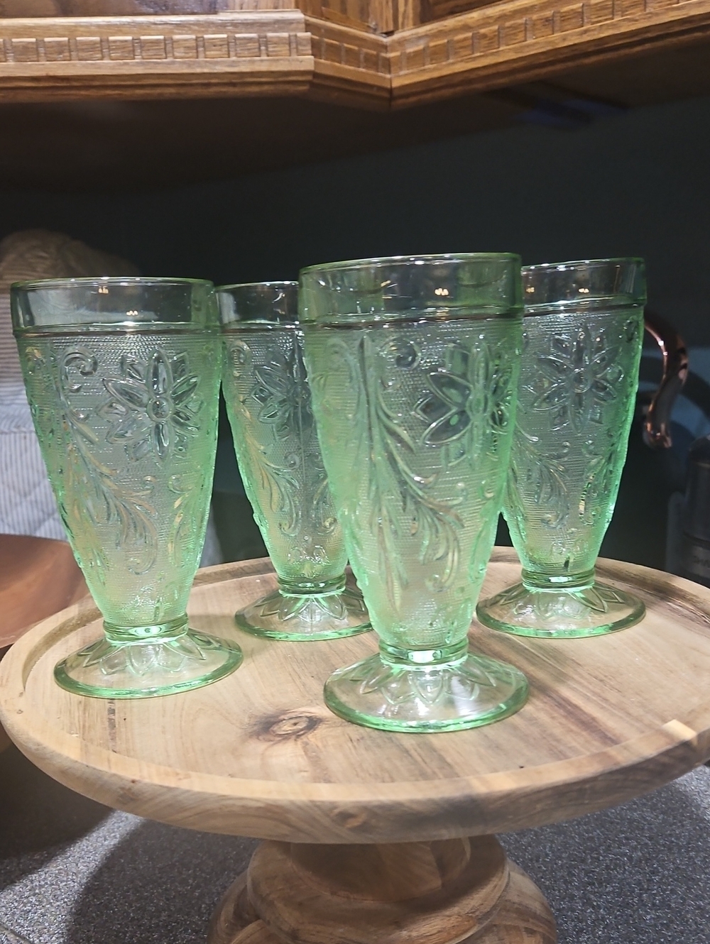 Vintage Tiara Green Embossed Pressed Glass Goblets - Set of 4